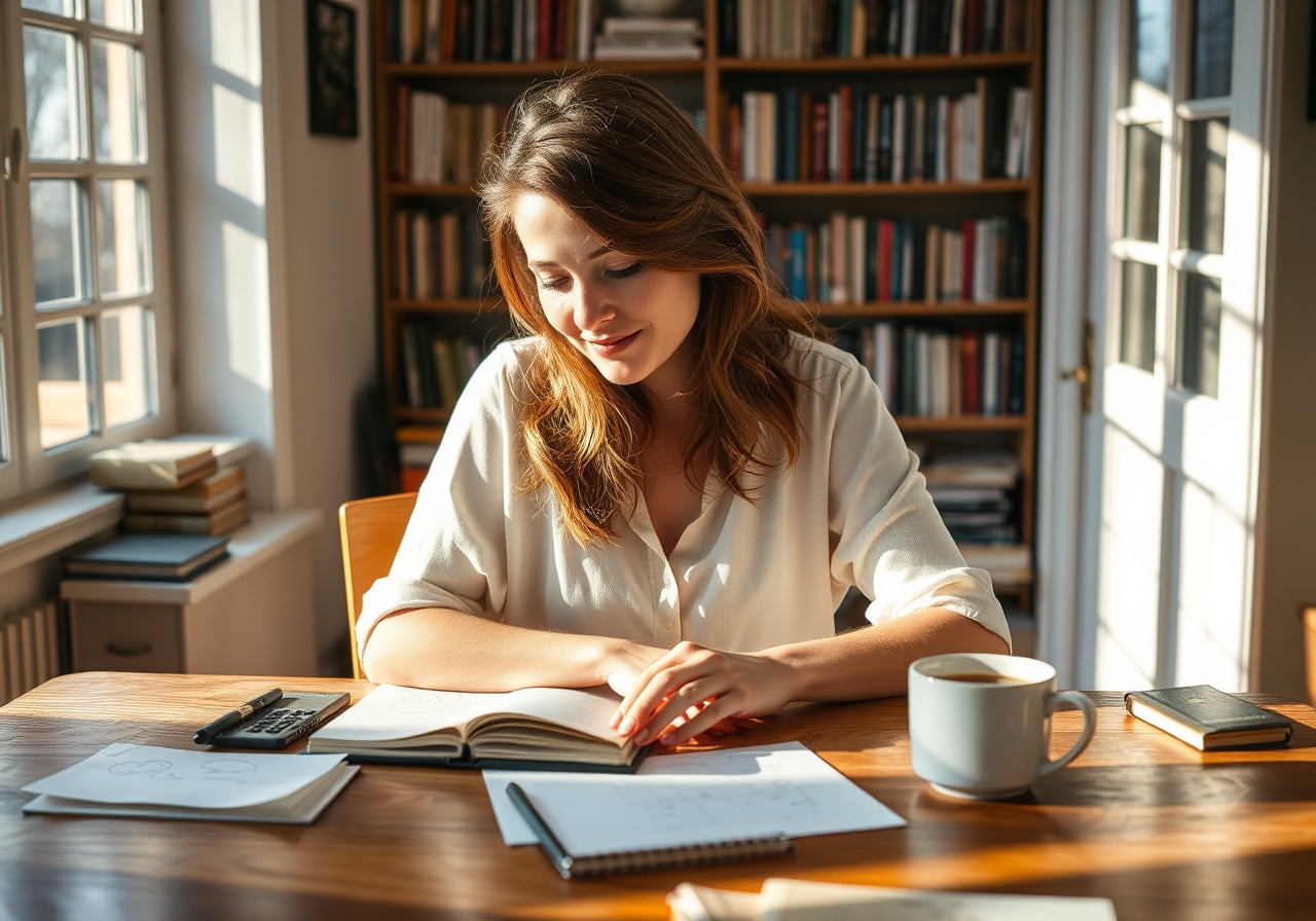 Sarah Jenkins, founder of Vitalux, smiling at her desk with a warm cup of coffee