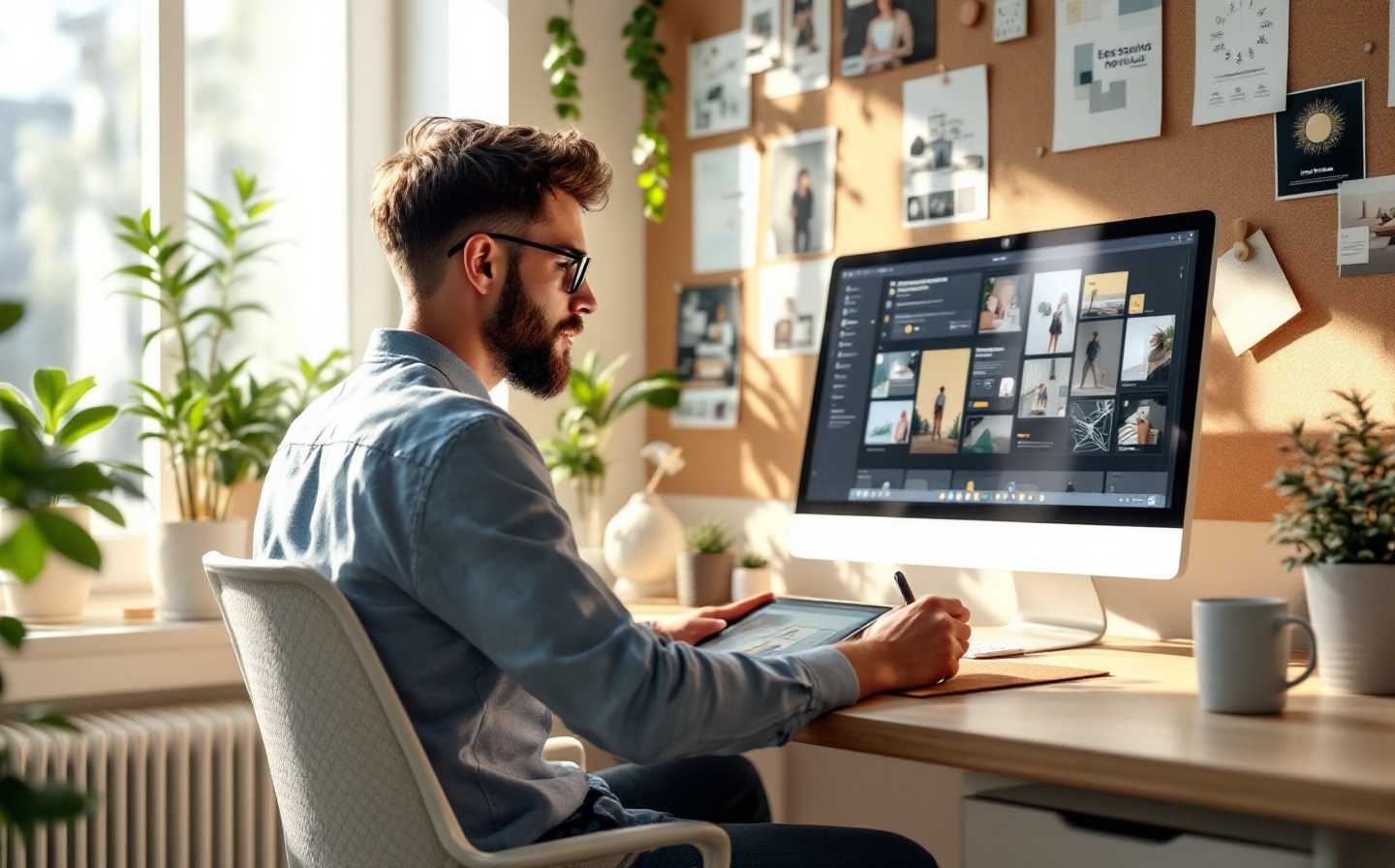 Sarah, a freelance copywriter, working at a bright, sunlit desk with a laptop and a warm coffee cup, surrounded by organized files.