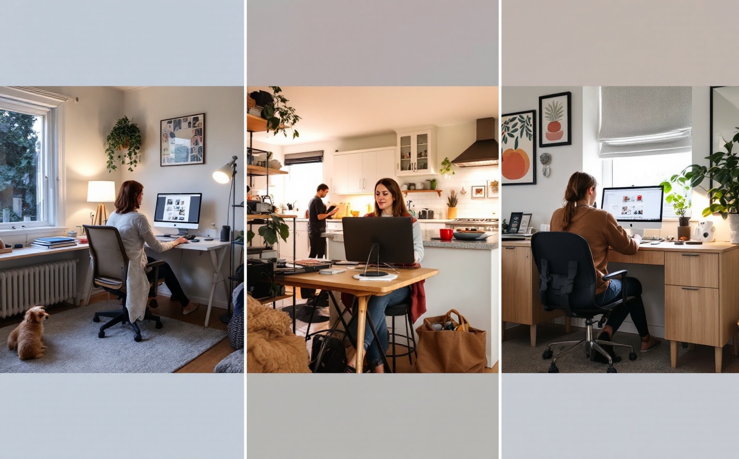 A warm, inviting photo of diverse people working from cozy home offices, smiling and collaborating
