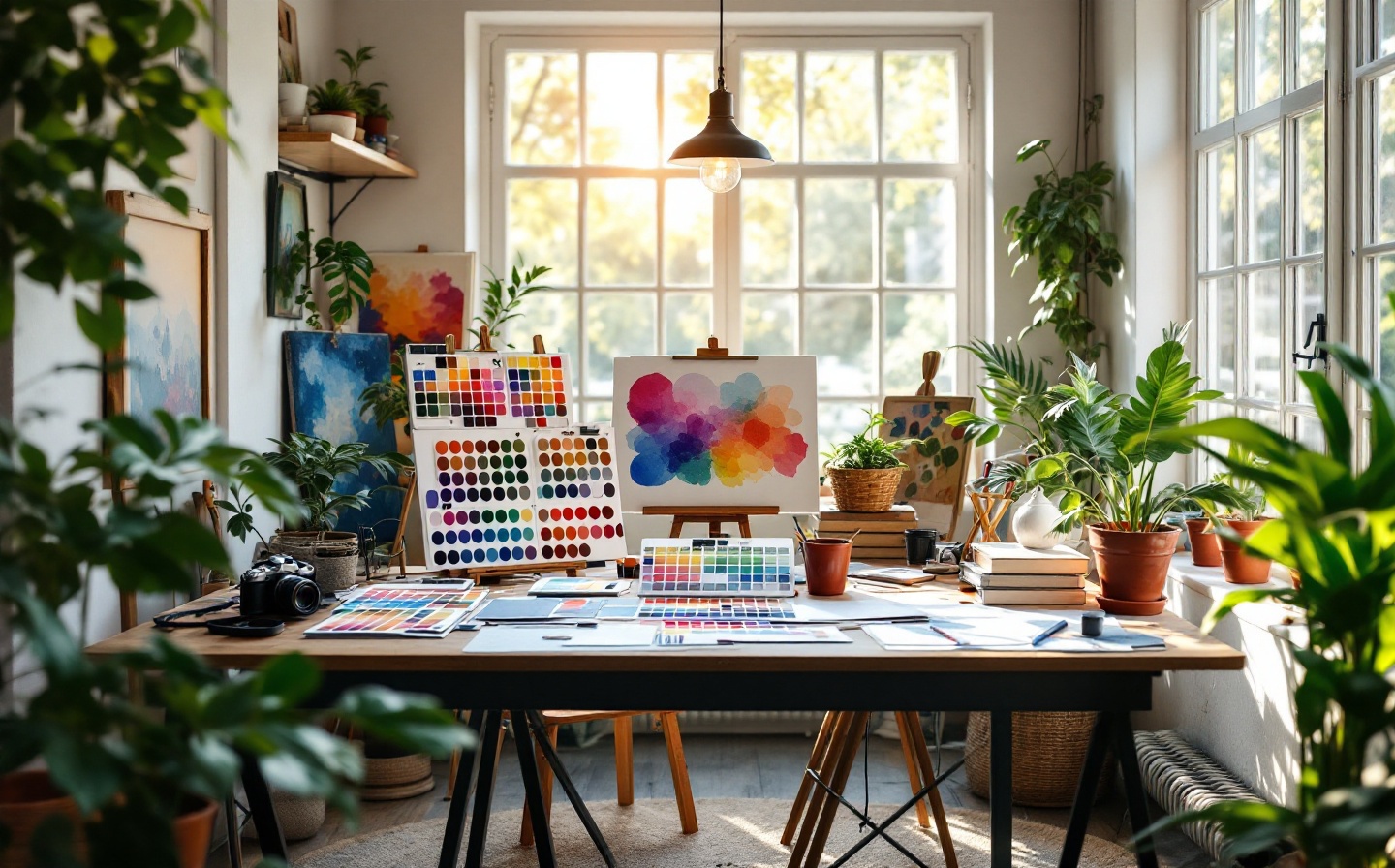 Bright, airy creative studio workspace with mood boards and a laptop displaying Vitalux app interface