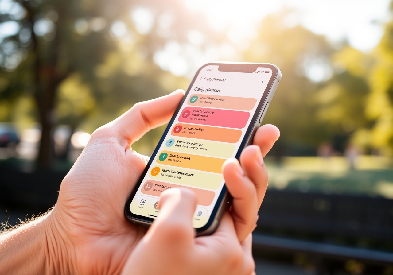 Hand holding a smartphone showing the Vitalux morning planner interface with warm morning light