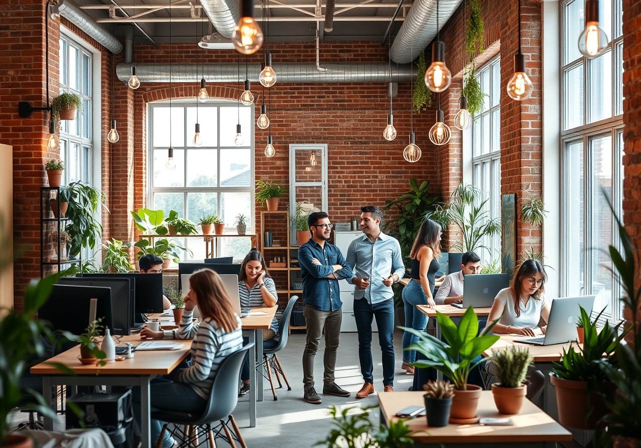 Vitalux team gathered around a warm, plant-filled office kitchen, laughing and sharing coffee