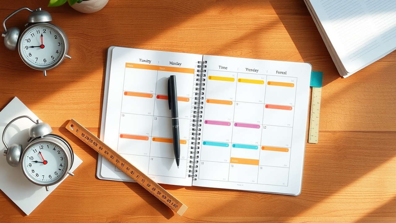 Warm desk setup with a laptop showing a time-blocking schedule