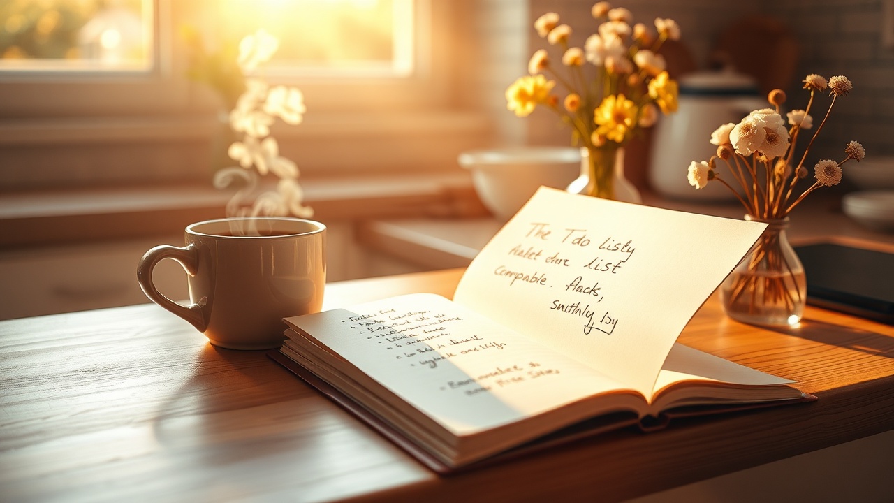 A warm, inviting kitchen scene with a steaming cup of coffee and an open notebook on the counter