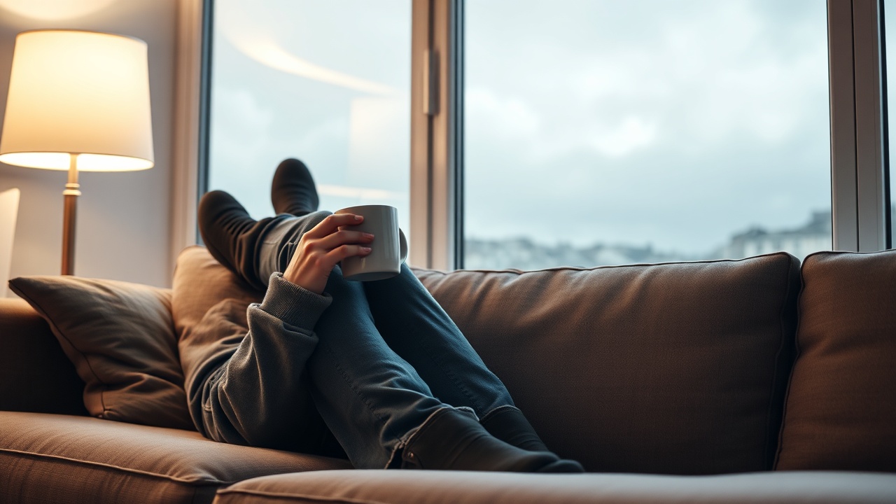 A person resting on a beige couch with a warm mug, looking tired but calm, wearing soft knitwear