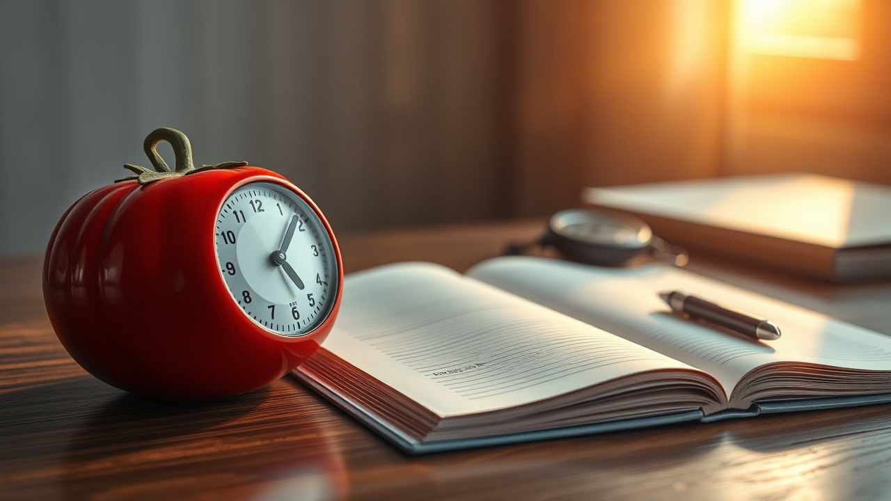 A warm, inviting desk setup featuring a Pomodoro timer and a notebook