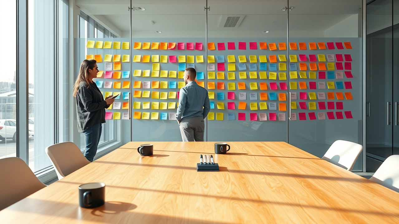Vitalux team planning roadmap on a whiteboard with sticky notes