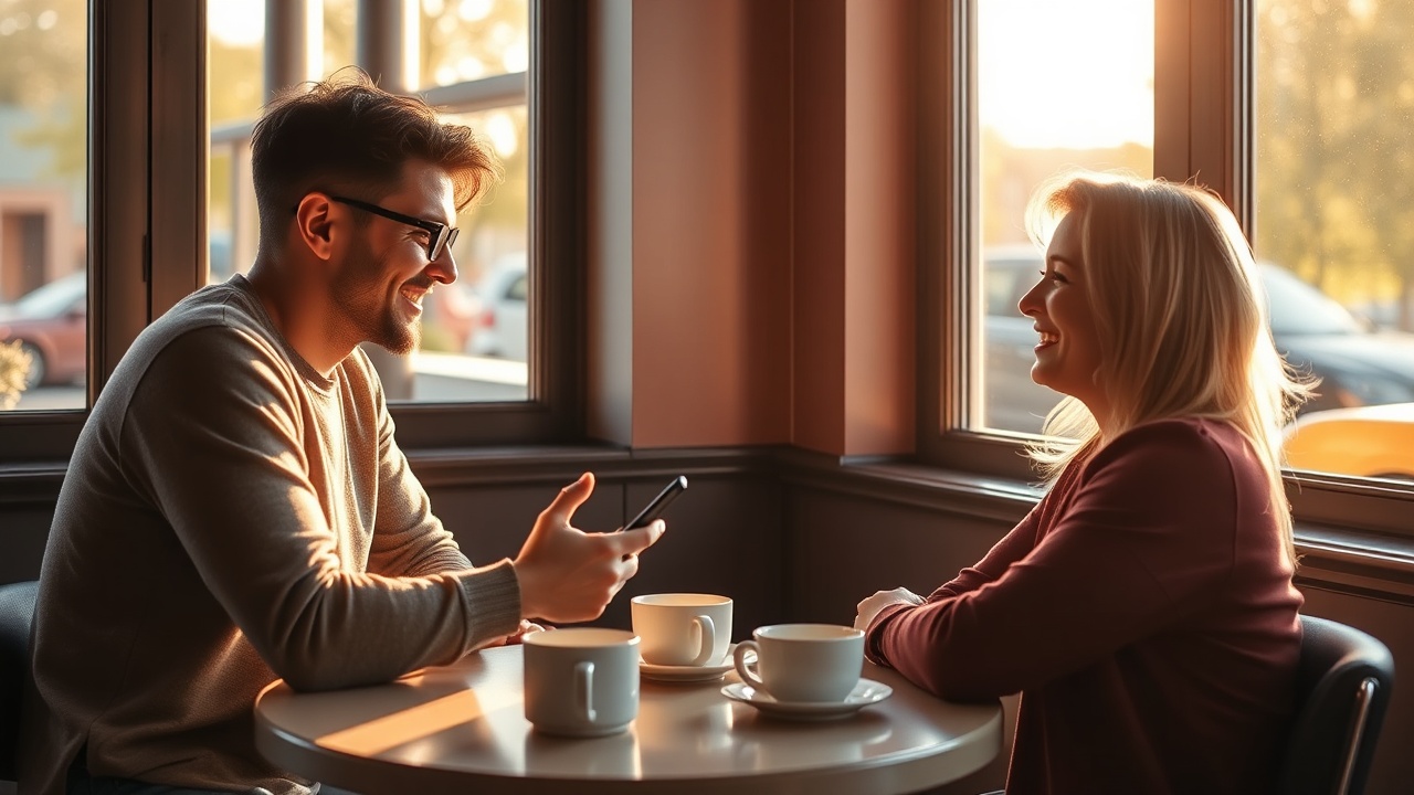 A friendly person smiling at a laptop with a warm coffee cup nearby